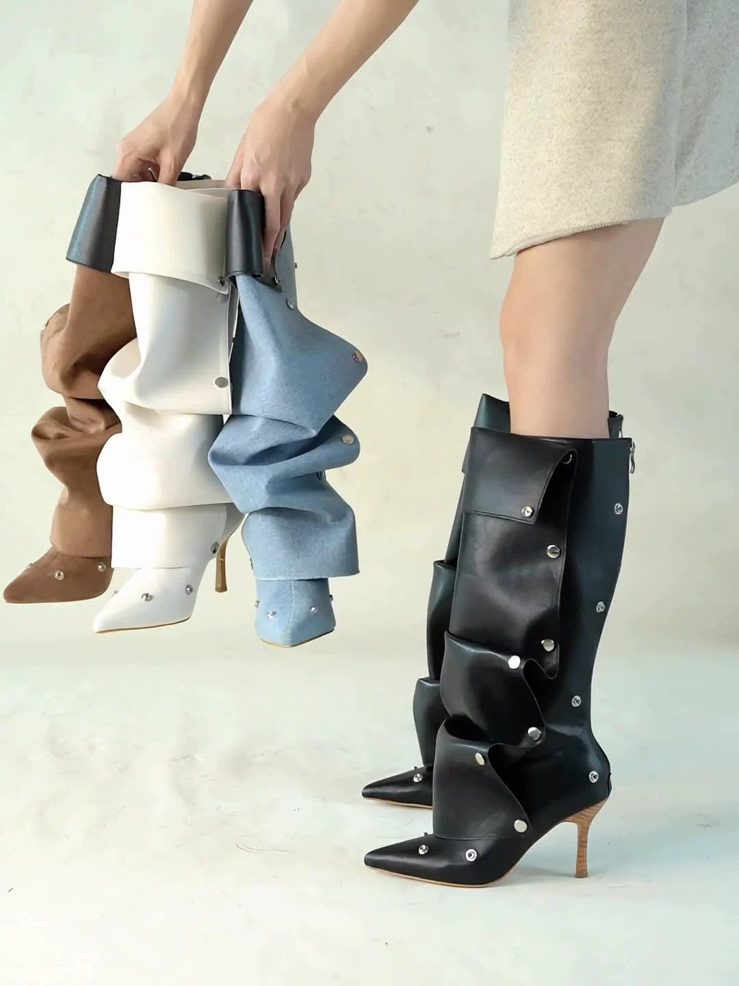 High Women Knee Boots For Woman's Pointed Toe Strange Heels Botas Mujer Pleated Metal Buttons Show Shoes