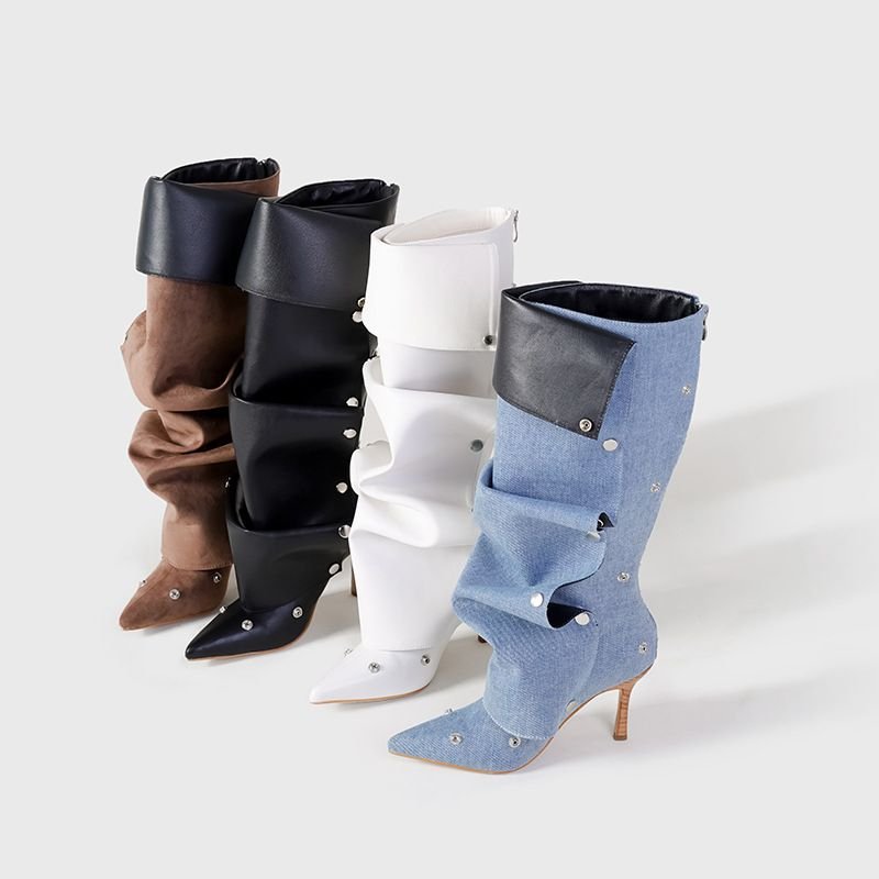 High Women Knee Boots For Woman's Pointed Toe Strange Heels Botas Mujer Pleated Metal Buttons Show Shoes
