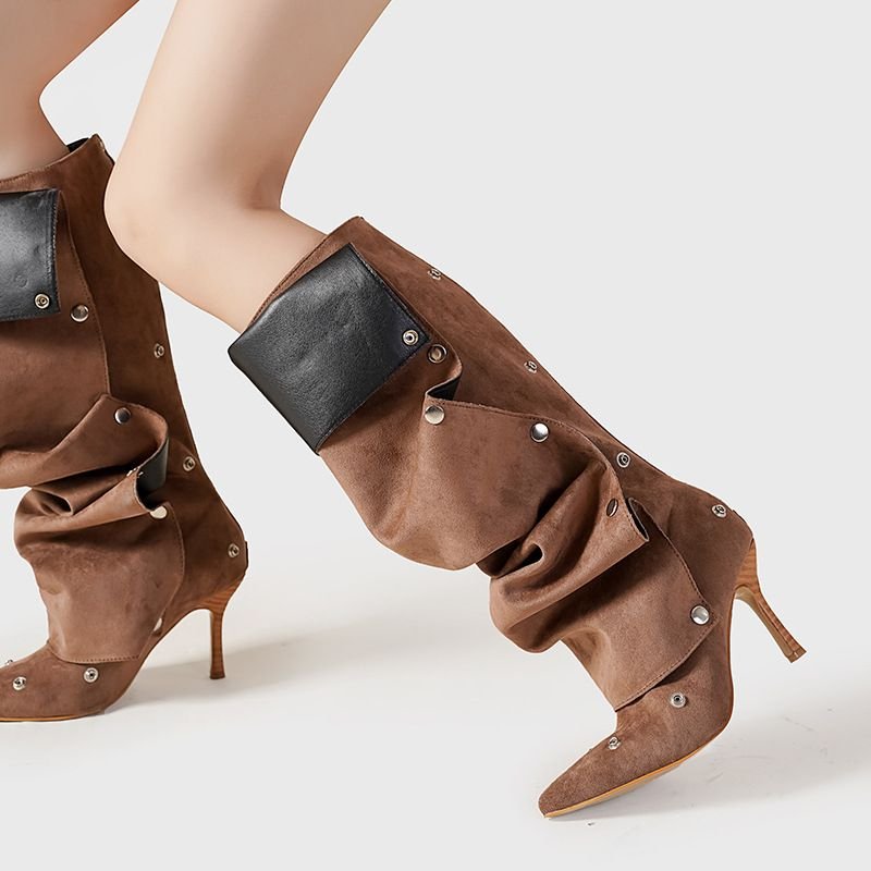 High Women Knee Boots For Woman's Pointed Toe Strange Heels Botas Mujer Pleated Metal Buttons Show Shoes