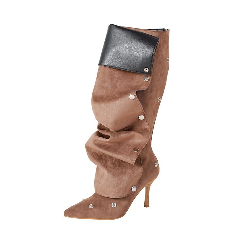 High Women Knee Boots For Woman's Pointed Toe Strange Heels Botas Mujer Pleated Metal Buttons Show Shoes