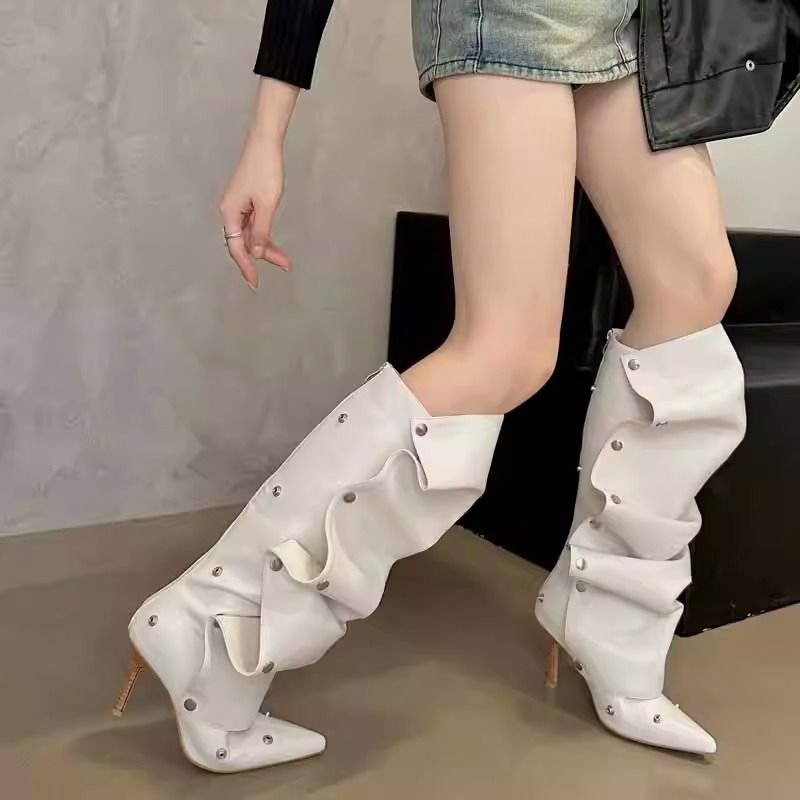 High Women Knee Boots For Woman's Pointed Toe Strange Heels Botas Mujer Pleated Metal Buttons Show Shoes