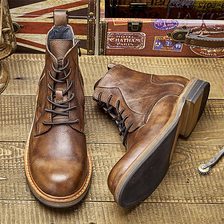 Factory Wholesale Custom Men's High Quality Lace-up Leather Ankle Boots Rubber Roman Boots men genuine leather shoes