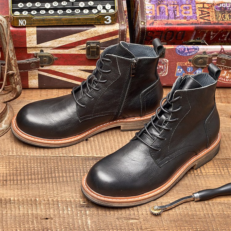 Factory Wholesale Custom Men's High Quality Lace-up Leather Ankle Boots Rubber Roman Boots men genuine leather shoes