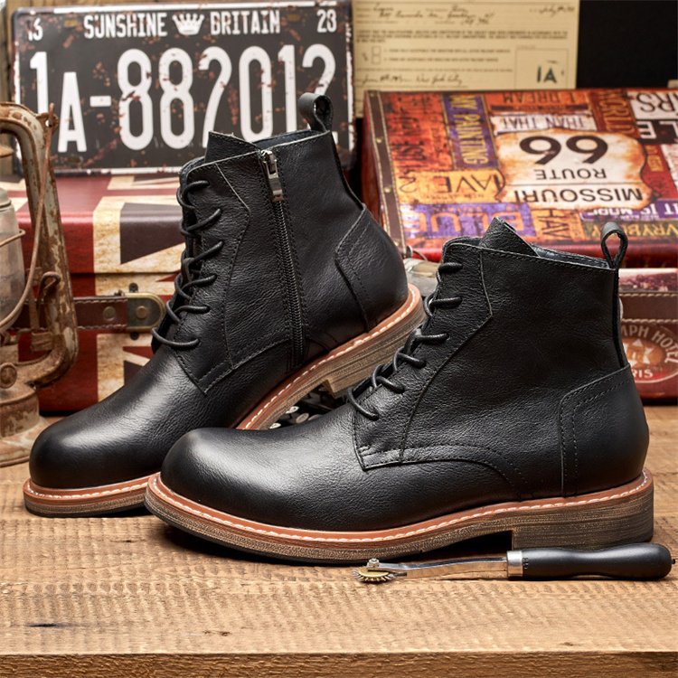 Factory Wholesale Custom Men's High Quality Lace-up Leather Ankle Boots Rubber Roman Boots men genuine leather shoes