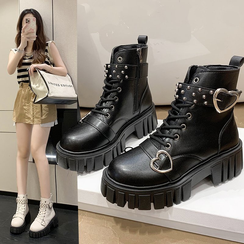 Sexy Antislippery Rubber Fashion Chunky Heel High Heel Shoes Metal Buckle Rivets Thick Bottom Pumps Lady Short Ankle Black Boots