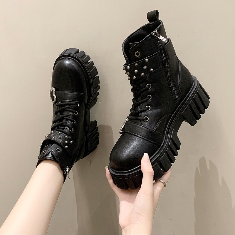 Sexy Antislippery Rubber Fashion Chunky Heel High Heel Shoes Metal Buckle Rivets Thick Bottom Pumps Lady Short Ankle Black Boots