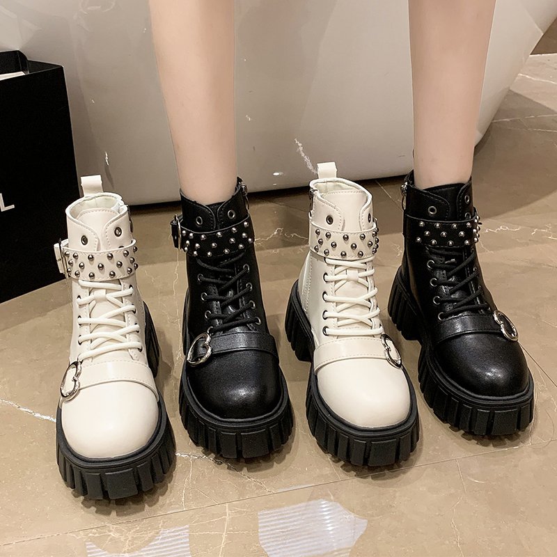 Sexy Antislippery Rubber Fashion Chunky Heel High Heel Shoes Metal Buckle Rivets Thick Bottom Pumps Lady Short Ankle Black Boots