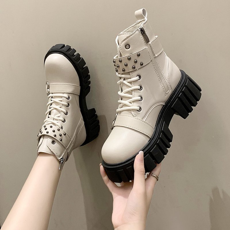 Sexy Antislippery Rubber Fashion Chunky Heel High Heel Shoes Metal Buckle Rivets Thick Bottom Pumps Lady Short Ankle Black Boots