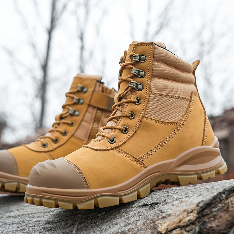Zip-Up Steel Toe Safety Boots for Convenient Wear, Brown crazy horse and Yellow nubuck leather With Zipper safety work boots