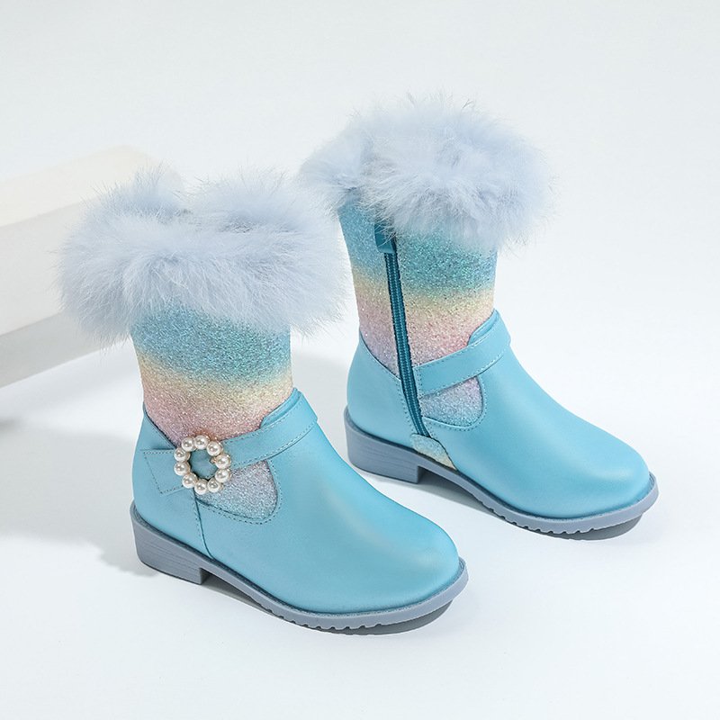 Blue girls princess boots children plus velvet warm snow boots comfortable little girls party boots