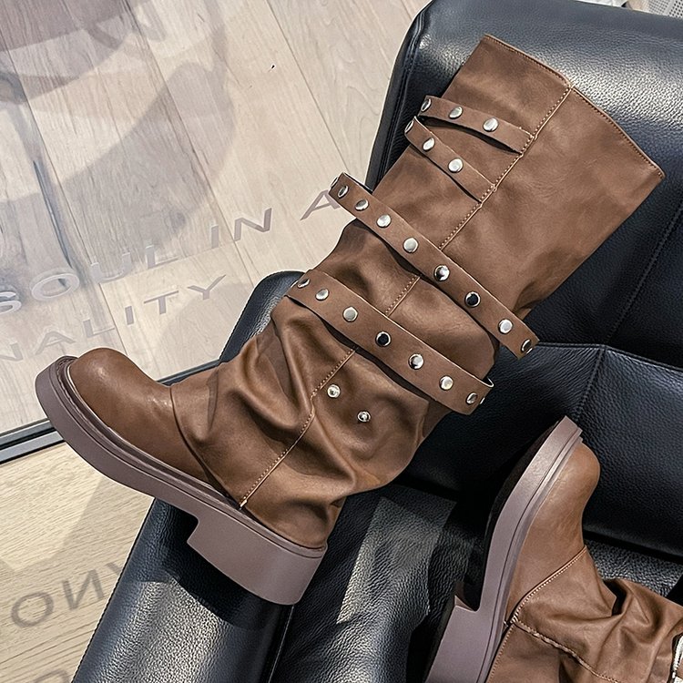 2024 New Winter Denim Boots Women's Retro Brown Belt Buckle Round Head High Boots Knee Length Boots