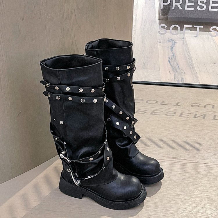 2024 New Winter Denim Boots Women's Retro Brown Belt Buckle Round Head High Boots Knee Length Boots