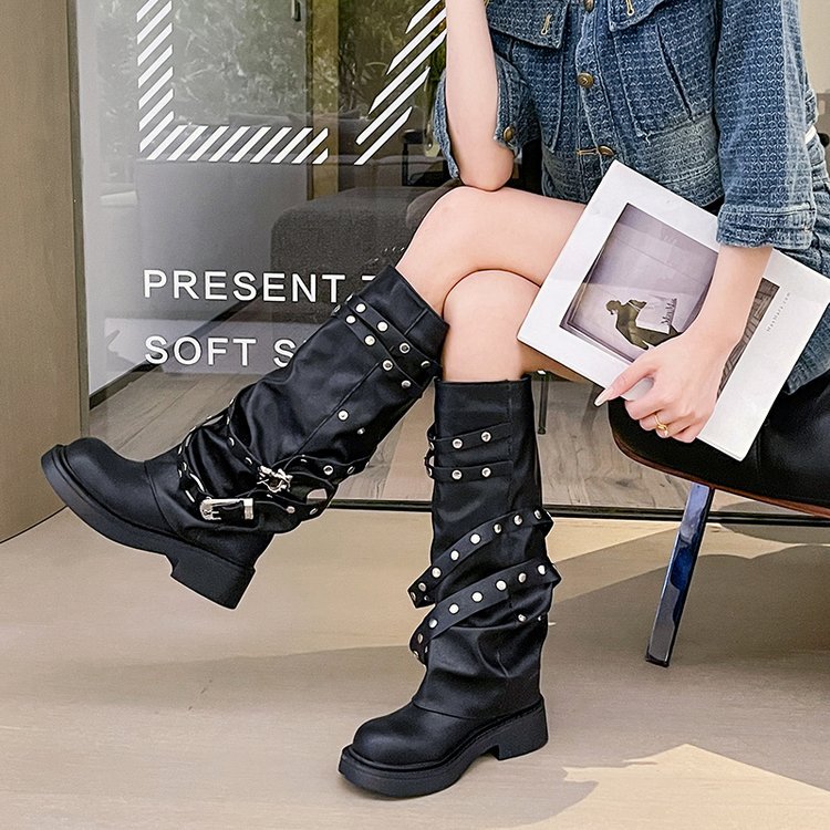 2024 New Winter Denim Boots Women's Retro Brown Belt Buckle Round Head High Boots Knee Length Boots