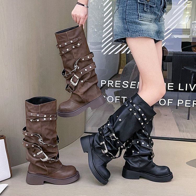 2024 New Winter Denim Boots Women's Retro Brown Belt Buckle Round Head High Boots Knee Length Boots