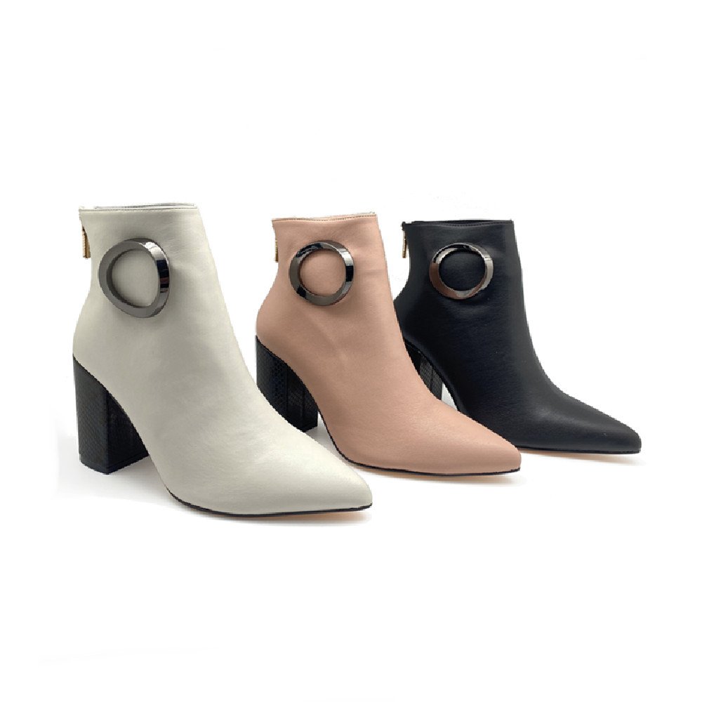 Pointed Toe Metal Ring Decor Women Dressy Chunky Heels Ankle Boots Short Boots