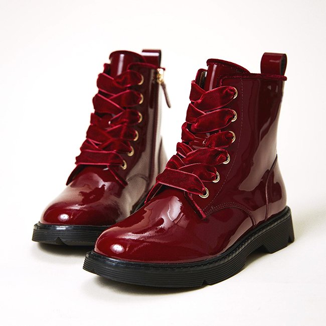 Wine Red Patent Leather Waterproof Outdoor Combat Side Zipper Mid Calf Girls Lace Up Boots