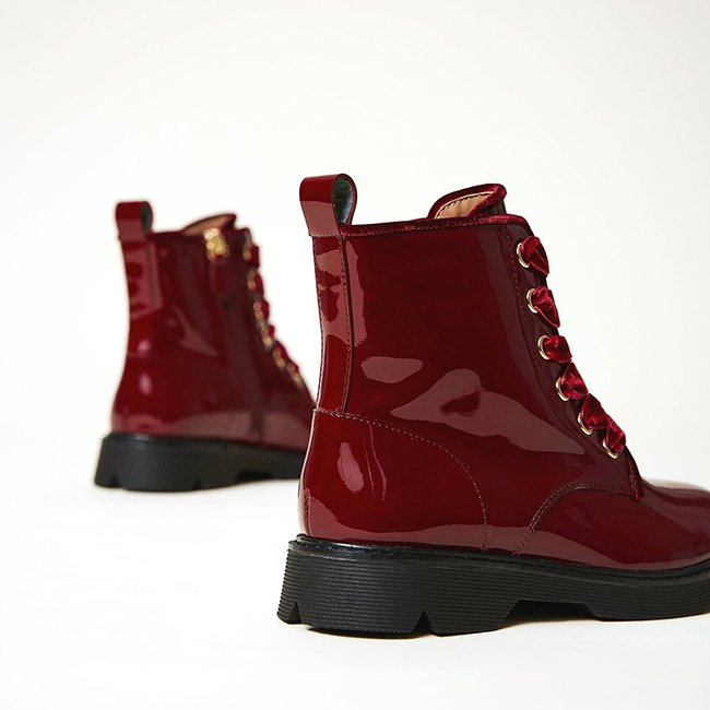 Wine Red Patent Leather Waterproof Outdoor Combat Side Zipper Mid Calf Girls Lace Up Boots
