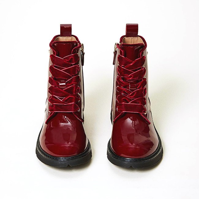 Wine Red Patent Leather Waterproof Outdoor Combat Side Zipper Mid Calf Girls Lace Up Boots