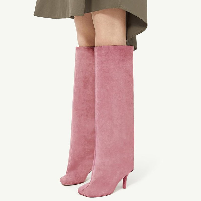 Low Thin Heels Women Solid Suede Knee High Boots Slip On Long Booties Custom Colors Square toe Ladies Shoes