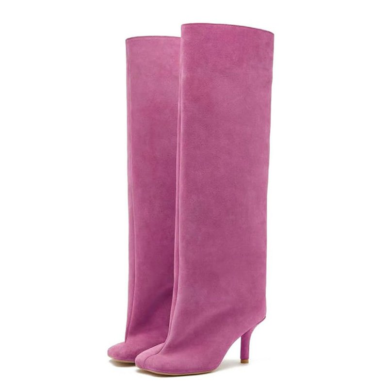 Low Thin Heels Women Solid Suede Knee High Boots Slip On Long Booties Custom Colors Square toe Ladies Shoes
