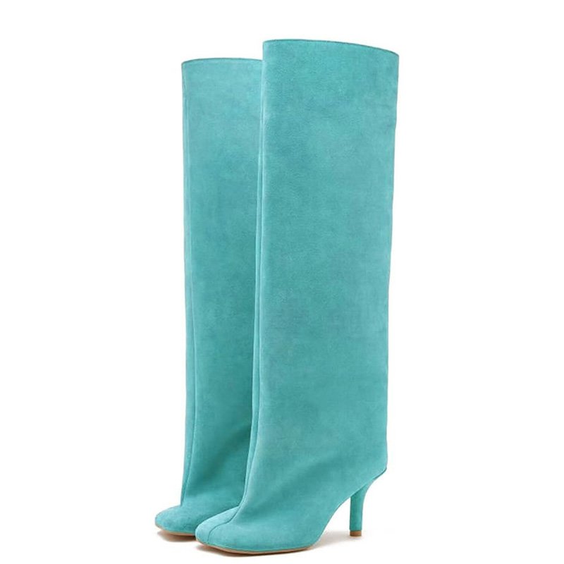 Low Thin Heels Women Solid Suede Knee High Boots Slip On Long Booties Custom Colors Square toe Ladies Shoes