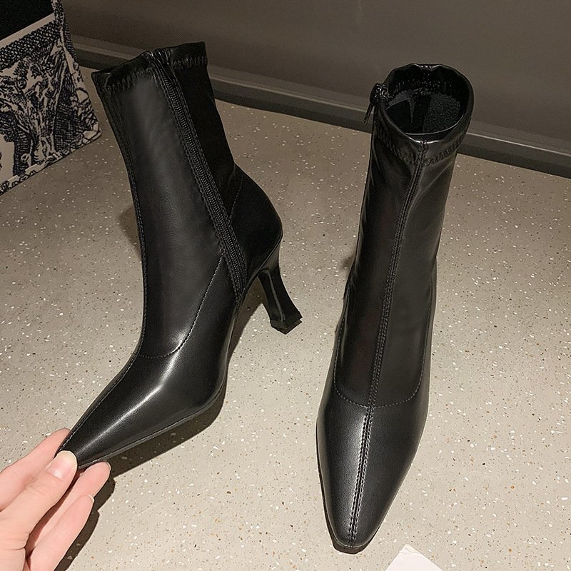 2022 autumn and winter new high heeled ankle boots leather pointed toe stiletto ankle short boots women's boots