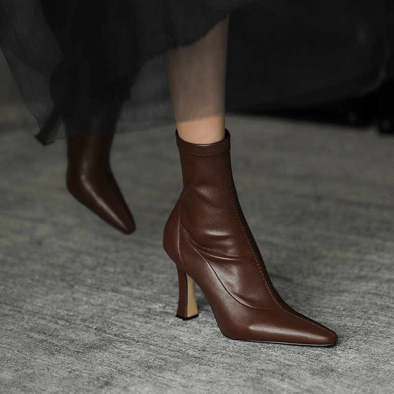 2022 autumn and winter new high heeled ankle boots leather pointed toe stiletto ankle short boots women's boots