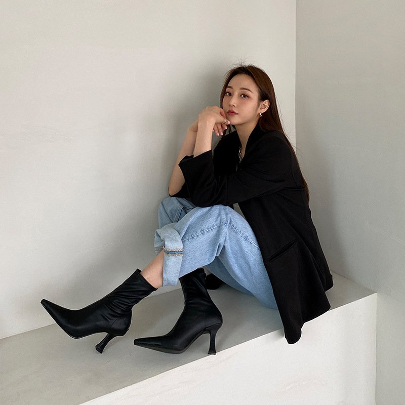 2022 autumn and winter new high heeled ankle boots leather pointed toe stiletto ankle short boots women's boots