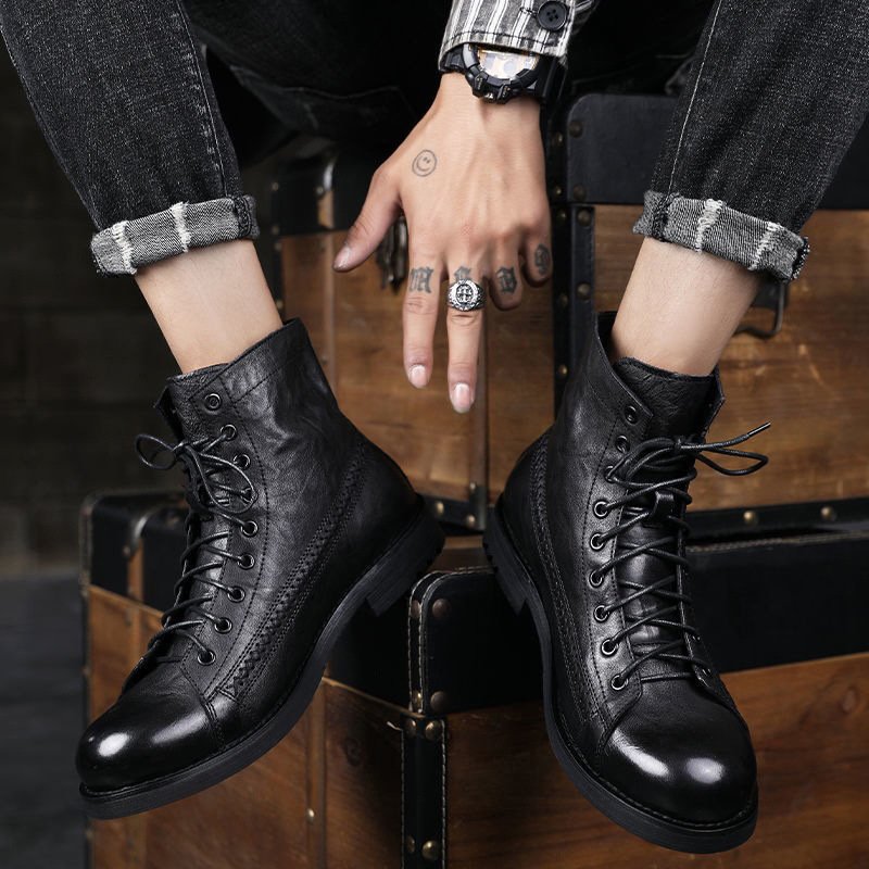 2024 British Style Fashion Men's Winer PU Leather Resistant Motorcycle Boot Dress Shoes Lace-ups Men Ankle Boots