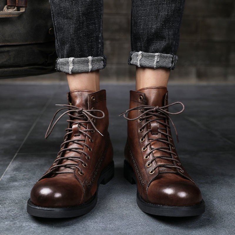 2024 British Style Fashion Men's Winer PU Leather Resistant Motorcycle Boot Dress Shoes Lace-ups Men Ankle Boots