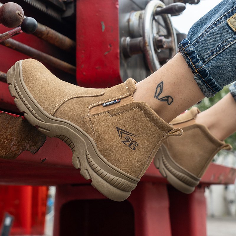 No lace cow suede leather safety boots , rubber boots acid resistant steel toecap chelsea no lace safety boot