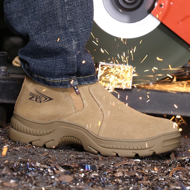 No lace cow suede leather safety boots , rubber boots acid resistant steel toecap chelsea no lace safety boot