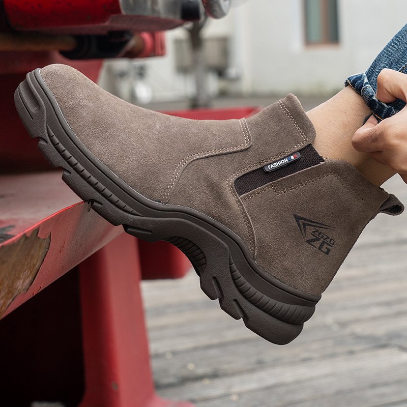 No lace cow suede leather safety boots , rubber boots acid resistant steel toecap chelsea no lace safety boot