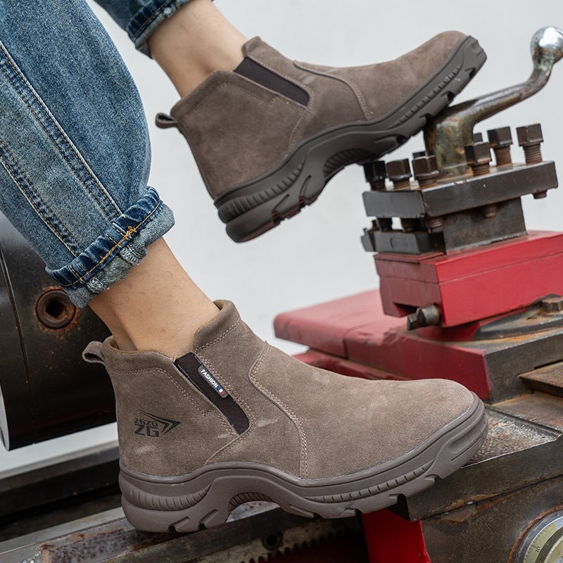No lace cow suede leather safety boots , rubber boots acid resistant steel toecap chelsea no lace safety boot