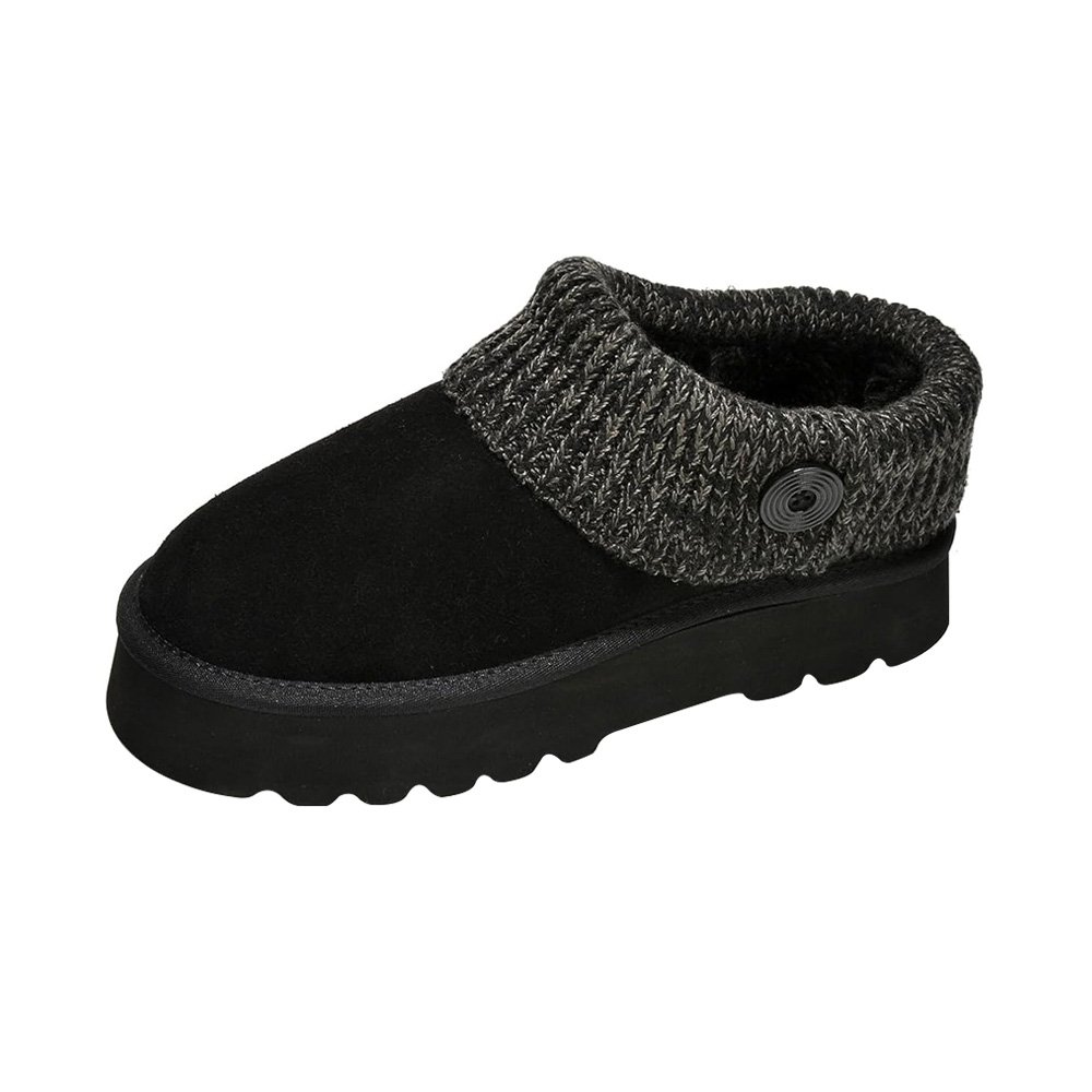 Ladies Suede Platform Slippers With Faux Fur Lining Knitted Fabric Collar Indoor Outdoor Water Resistant Wedge Ankle Boot