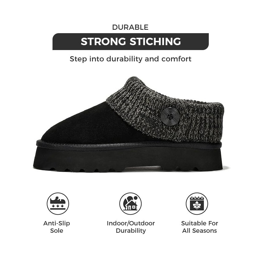 Ladies Suede Platform Slippers With Faux Fur Lining Knitted Fabric Collar Indoor Outdoor Water Resistant Wedge Ankle Boot