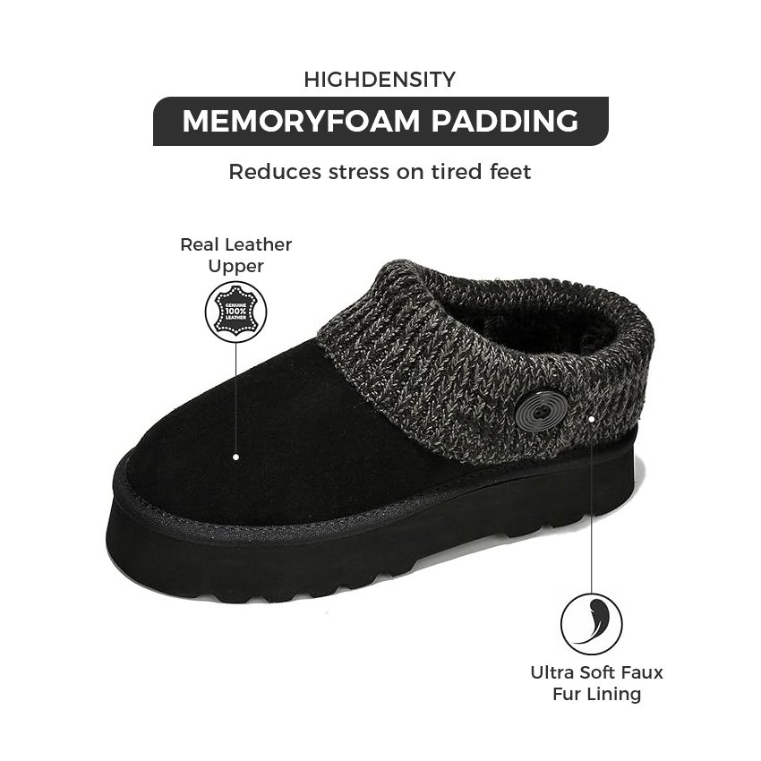 Ladies Suede Platform Slippers With Faux Fur Lining Knitted Fabric Collar Indoor Outdoor Water Resistant Wedge Ankle Boot