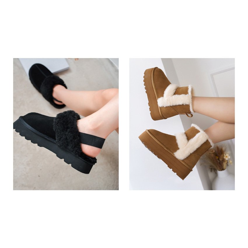 Ladies Suede Platform Slippers With Faux Fur Lining Knitted Fabric Collar Indoor Outdoor Water Resistant Wedge Ankle Boot