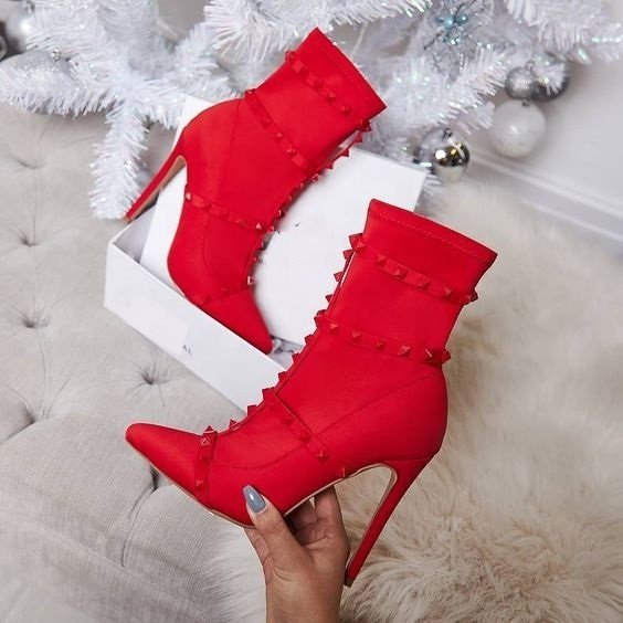 Hot Sale Winter Sexy Rivet High Heel Pointed Toe Stretch Boots Stiletto Ankle Boots For Women