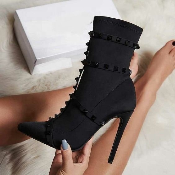 Hot Sale Winter Sexy Rivet High Heel Pointed Toe Stretch Boots Stiletto Ankle Boots For Women