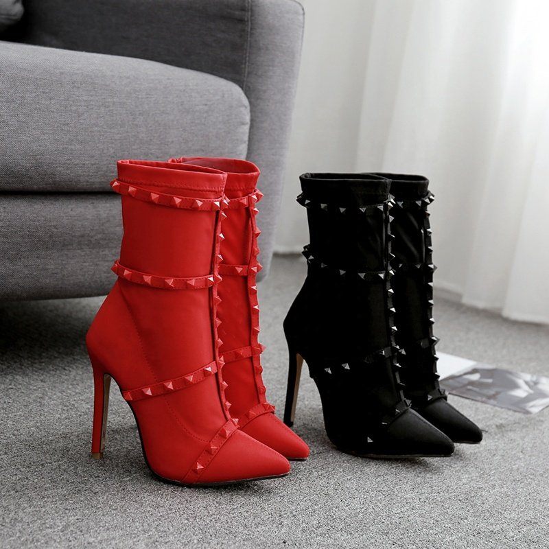 Hot Sale Winter Sexy Rivet High Heel Pointed Toe Stretch Boots Stiletto Ankle Boots For Women