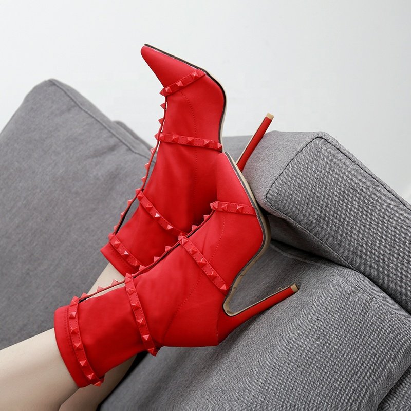 Hot Sale Winter Sexy Rivet High Heel Pointed Toe Stretch Boots Stiletto Ankle Boots For Women