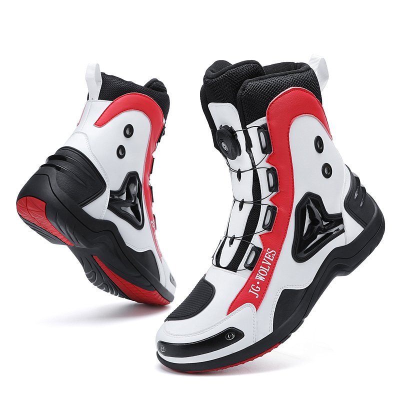 New Style Red Black Round Toe High Top Waterproof Breathable Leather Motorcycle Racing Shoes motorcycle boots for men leather