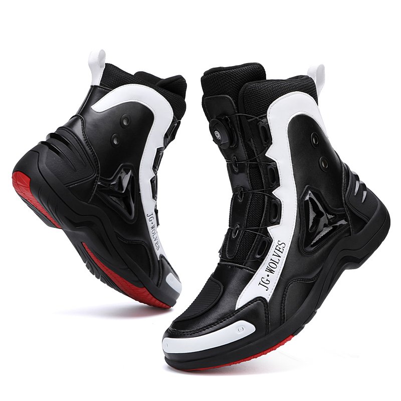 New Style Red Black Round Toe High Top Waterproof Breathable Leather Motorcycle Racing Shoes motorcycle boots for men leather