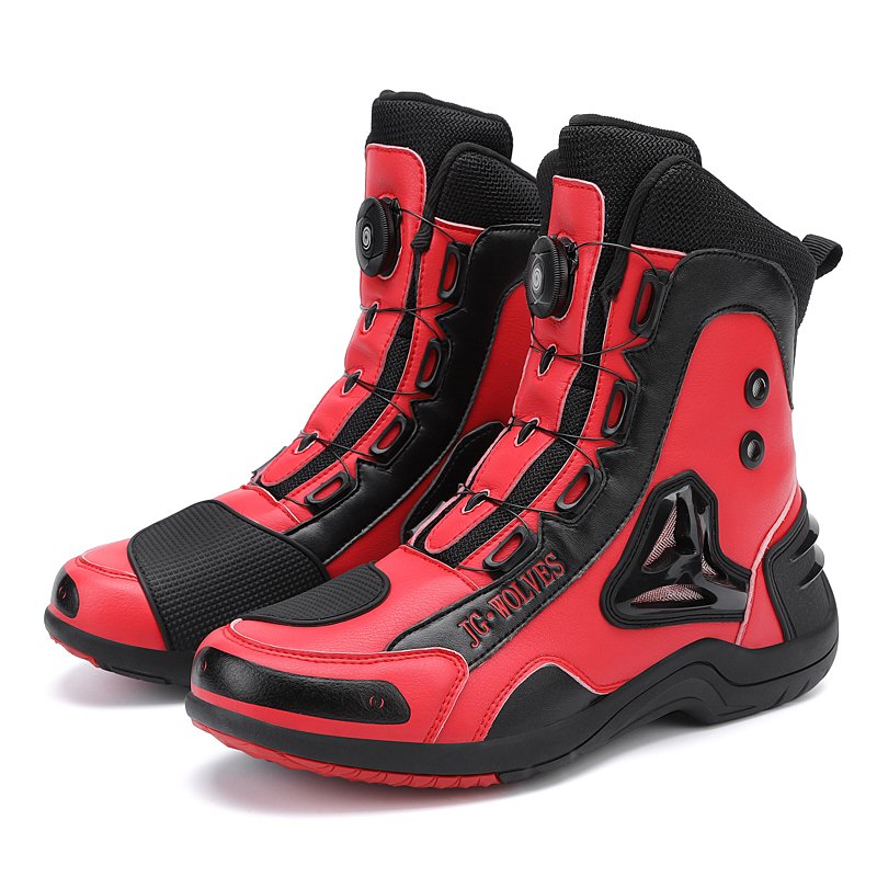 New Style Red Black Round Toe High Top Waterproof Breathable Leather Motorcycle Racing Shoes motorcycle boots for men leather