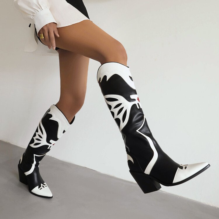 Cialisa 2022 New Black Patchwork Women Shoes Pointed Toe Block High Heels Long Boots Winter Fur Knee-High Boot