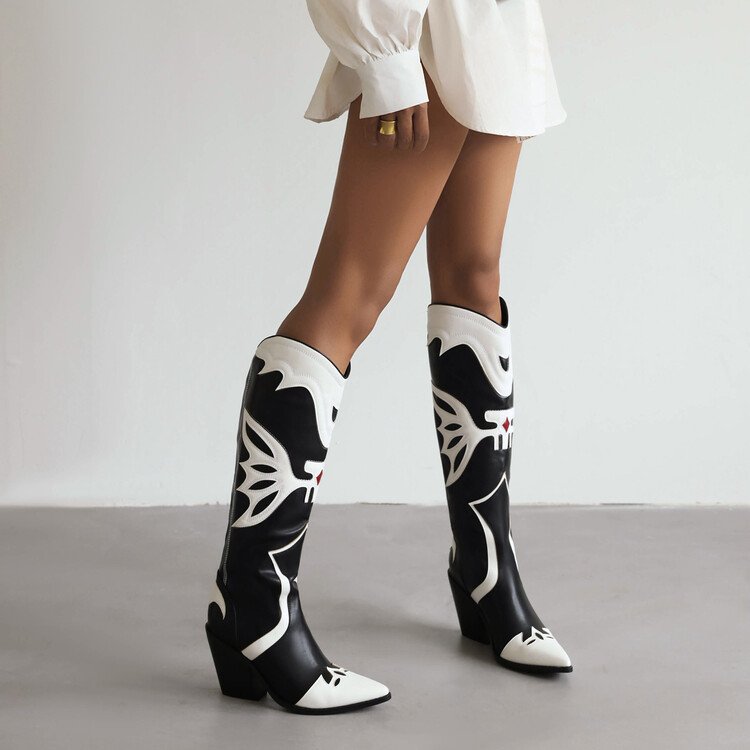 Cialisa 2022 New Black Patchwork Women Shoes Pointed Toe Block High Heels Long Boots Winter Fur Knee-High Boot