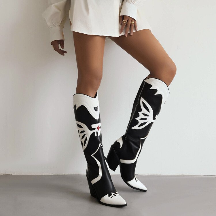 Cialisa 2022 New Black Patchwork Women Shoes Pointed Toe Block High Heels Long Boots Winter Fur Knee-High Boot