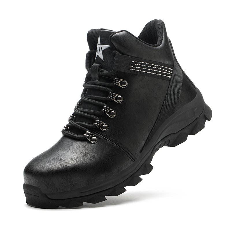 Fashionable motorcycle boots industrial protective miner work shoes high cut black steel toe casual safety boots for men