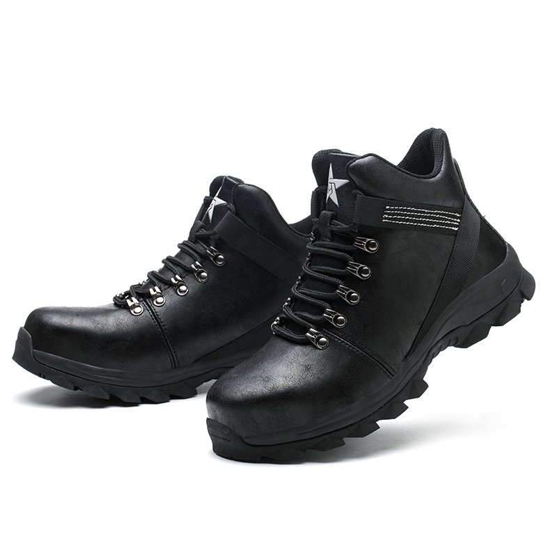 Fashionable motorcycle boots industrial protective miner work shoes high cut black steel toe casual safety boots for men